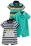 Simple Joys by Carter s 3-Pack Infant-And-Toddler-Rompers, Blu Marino Righe/Giallo Righe/Verde Dinosauri, 12 Mesi (Pacco da 3) Bimbo