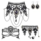 SPERMUOY Halloween Gothic Jewellery Set 4 PCS Ladies Gothic Lace Vampire Bracelet Lace Necklace Lace Mask Earrings Jewellery,Victorian Steampunk Retro Necklace Set for Halloween Carnival Costume