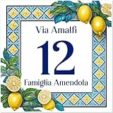 Caribu design Numero Civico Personalizzato da Esterno - Mattonella in Ceramica 15x15 cm Targa Personalizzabile con Indirizzo, Via, Nome Famiglia, Testo - Piastrella Maiolica Limoni Quadrato