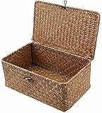 Cestino Portaoggetti, Seagrass Cesta Vimini con Coperchio Rattan Intrecciato Fatto a Mano (Grande 29X19X12CM)