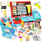 Joellfuner Registratore di Cassa Giocattolo, Supermercato Giocattolo per Bambini, Con 46 Accessori (Vera Calcolatrice/Scanner/Soldi Finti/Cibo, Ecc.), Giocattolo Per Bambini 3+ Anni