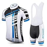 JEPOZRA Completo Ciclismo Uomo Estivo Abbigliamento Mountain Bike Tuta MTB Trek Maglia Ciclismo Manica Corta e Pantaloncini Bici Imbottiti Salopette Ciclismo Gel (L, Blu)