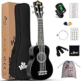 Winzz Ukulele Soprano Adulti, Ukulele Bambini Legno, 21 Pollici Ukulele Principianti, Nero Ukulele Scuola Media Kit con 9 Accessori, Adesivo per Tastiera, Carta degli Accordi