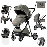 Prokoke Passeggino Trio, Trio Passeggino Neonati con Due Modi Reversibili per Spingere, Passeggino 3 in 1 con Una Lega di Alluminio a Cornice, Trio con Design Pieghevole in Un Clic (225 Deep Grey)