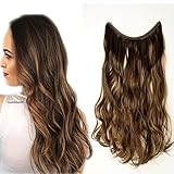 50cm 20" Extension Capelli con Filo Invisibile Extension Wire Linea Fascia Unica Capelli Sintetici Mossi 90g Marrone Scuro e Biondo Rossiccio