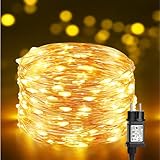 BrizLabs Luci Natale Esterno 10M 100 LED Catene Luminose Interno Impermeabile 8 Modalità Luce Stringa Filo Rame Lucine LED Decorazioni per Casa, Feste, Matrimonio, Terrazza, Balcone, Bianco Caldo