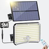 Lampada Solare da Esterno - 200LED Luce Solare LED Esterno con Sensore di Movimento 2200mAh 4 Modes Telecomando Faretto LED da Esterno Solare con Pannello, Luci da Esterno Giardino Solari con 5M Cavo