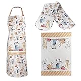 SPOTTED DOG GIFT COMPANY - Set di strofinaccio da cucina, grembiule e guanto da forno doppio - con gatti - resistenti al caldo - idee regalo per uomo, donna e amanti degli animali - in cotone