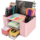 DoDuo Organizzatore Scrivania, Plastica Porta Oggetti Scrivania con 5 Scomparti, 2 Cassetti Multifunzionale Cancelleria Organizer Desk per Scuola Ufficio e Casa (Rosa)