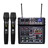 BOMGE Mixer audio karaoke 04E, mixer a 4 canali con doppio microfono wireless UHF, console audio MP3, Bluetooth 48 V, alimentazione phantom, interfaccia audio USB, mixaggio per DJ per feste, computer,