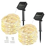 BXROIU Stringa Luminosa Luci Solare per Esterni, [Set da 2] con 100 LED su Filo d Argento 10 Metri, Catene Luminose Solari per Giardini, Patii, Case, e Feste Natalizie (Bianco Caldo)