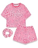 Barbie Bambina Pigiama Set | Bambini Ondulati all Over Stampa Rosa Manica Corta Top & Shorts Graphic Pjs Bundle con Scrunchie | Set Completo di Indumenti da Notte Coordinati Abbigliamento per Bambole