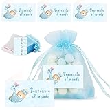 Dolplp! 50pz Sacchetti Blu Nascita Bomboniere Confetti+50pz Bigliettini Benvenuto al Mondo+100pz Sacchetti Plastica Portaconfetti Addobbi Decorazione Regalo Nascita Battesimo Feste Bambino Bimbo