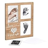 Navaris Cornice per Foto e Impronte Neonato - Kit con Inchiostro per Stampo Impronta Mani Piedi Bambino - Portafoto Neonati 30x25x2,4cm - Design Love