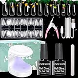 NINGESHOP Tip Unghie e Colla Gel Kit Unghie Finte con Colla, 600 Pezzi Punte per Unghie Finte Coffin con Gel per Colla 2 in 1,12 Taglie Kit Tip Unghie Ballerina, Manicure, Con Mini Lampada UV