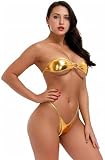 EUDUQ Bikini da donna, senza spalline, con anello in metallo, perizoma a tre punti, monokini, in pelle PU, costume da bagno sexy push up, costume da bagno a due pezzi, gold, Taglia unica