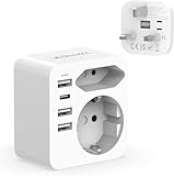 Hoppac Adattatore Presa Inglese, Adattatore Spina Inglese Con 3 USB e 1 USB C（3.4A,17W）, Adattatore UK Con Spina Europea e Schuko, Adattatore Di Tipo G Adatto per Regno Unito, Irlanda, Dubai, Maldive