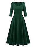 Berylove Abito da cocktail da donna, elegante, vintage, stile rockabilly, con scollo a cuore, abito da sera, Manica lunga verde scuro, XL