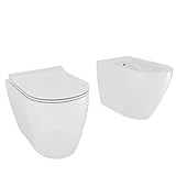 Coppia Sanitari Filomuro Filo Muro Filo Parete Vaso WC E Bidet Design Moderno In Ceramica Con Copriwater Chiusura Soft Close Chiusura Rallentata Colore Bianco