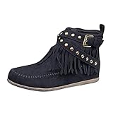 Minetom Stivaletti Donna Nappa Stivali Tacco Piatto Corti Stivali Autunno Inverno retrò Stivali Cerniera Scarpe Donna Stivaletti con Le Frange A Nero 40 EU