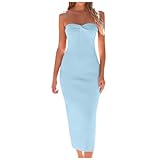 MaNMaNing Abito Estivo Donna Abito Lungo Aderente in Maglia Senza Spalline sul Davanti da Donna, Maxi Abito Tubino a Fascia con Spacco sulla Schiena e Scollo a Cuore (Light Blue, S)