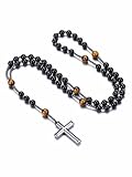 Jovivi Collana Rosario Cristiano in Pietra Naturale per Uomo Donna Collana-Y con Ciondolo Croce Crocifissa in Ematite Preghiera Mala Collana Perline Pietre e Cristalli Reiki Guarigione - Ossidiana