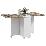 HOMCOM Tavolo da Pranzo Allungabile per 6 Persone, Tavolo Pieghevole Salvaspazio in Legno con Ruote, 2 Cassetti e Armadietto per Cucina e Soggiorno, 140x76x74 cm, Bianco e Color Legno