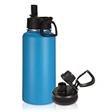 Volhoply 1 litri Isolato Borraccia Termica con Cannuccia,Bottiglia in Acciaio Inox con 2 Coperchi,Thermos Water Bottle Vuoto a Doppia Parete,Bottiglie Sportive per Scuola,Lavoro(Blu,1 set)