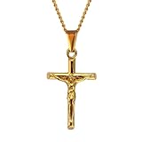 DVRK Collana Croce Uomo Oro 18k su Base di Acciaio Inossidabile 316L – Crocifisso Collana Uomo Oro – Collana con Croce per Uomo in Oro 18k Resistente all Acqua e al Sudore – Crocifisso Oro