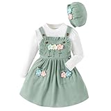 3 Pezzi Completi di Vestiti per Bambini Top a Fiori a Maniche Lunghe per Bambina e Cappello e Gonna con Bretelle in Velluto a Coste Elegante Abbigliamento Invernale Autunnale (Green, 4-5 Years)