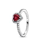 PANDORA Timeless Anello con cuore in argento Sterling con cristallo rosso ciliegia Jubilee e zirconi cubici trasparenti, 54