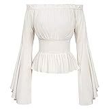 LOLOVI WANMEI Camicetta da donna gotica rinascimentale con maniche svasate, con volant e spalle scoperte, corsetto medievale, costume cosplay vittoriano, bianco, L