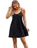 Lovasy Camicia da Notte Donna Cotone Sexy Vestaglia Sottoveste Spalline Regolabili Colletto Pigiama Babydoll e Biancheria, Nero XXL