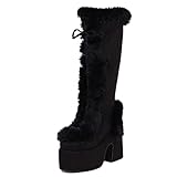 PAYDVOIER Donna Block Alto Tacco Chunky Stivali Punk Goth Caldo Pelle Inverno Snow Platform Stivali Mid Top Moto Stivali Classico Tall Ii Stivali Black Size 34