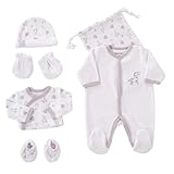 Set nascita 6 pezzi - 1 mese - Velluto bianco - Motivo: giraffa - (pigiama, body, berretto, guantini, scarpine e sacchetto per riporre il tutto) - Regalo neonato unisex maschio e femmina