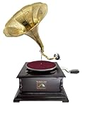 Grammofono con tromba in ottone HIS MASTER S VOICE riproduzione quadrato in legno