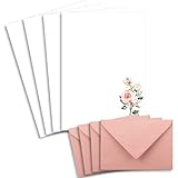 Set di 25 fogli per lettere, formato DIN A4, carta naturale in color crema con rami di rosa, con buste DIN C6 di colore rosa antico, stampabile, ideale per inviti di matrimonio