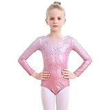 Monbessi Body Ginnastica Artistica Bambina Body da Balletto per Ragazze Body Ginnastica Ritmica Bambina Scintillante Collo Rotondo 5-12 Anni(110, Rosa)