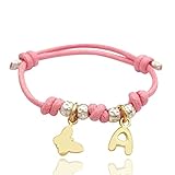 bracciale cordino rosa con ciondoli farfalla e lettera iniziale nome, in argento 925. Regalo bambina per nascita, battesimo, primi compleanni, comunione