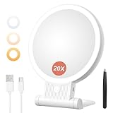 Auxmir Specchio Trucco con Luci LED, Specchio Ingranditore 20X/1X a Doppio Lato, Luminosità Regolabile a 3 Colori, Specchio da Tavolo Pieghevole con Foro per Appendere, Ricaricabile e Portatile