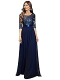 Ever-Pretty Vestiti da Sera e Cerimonia Donna Linea ad A Elegante Manica 3/4 con Paillettes Abiti da Damigella Chiffon Stile Impero Blu Navy 44