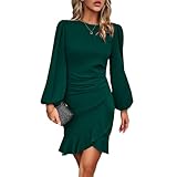 RPAEOY Vestito Donna Eleganti Manica Lunga Orlo a Volant Midi Bodycon Abito con Spacco Vintage Tubino per Cocktail Cerimonia Festa Ufficio Verde XL