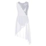 iEFiEL Abito da Ballo Lirico in Paillettes Bambina Body Pattinaggio Artistico Orlo Irregolare Bodysuit Danza Classica 5-16 Anni Bianco 9-10 anni