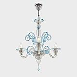 Lampadario Vetro Soffiato Veneziano Mercurio Azzurro, 3 Luci, Montatura Cromo