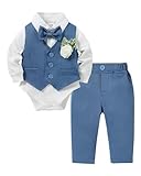 Zoerea Completini e Coordinati per Bambino, Ragazzino Battesimo Cerimonia Pagliaccetto Abbigliamento Set Pagliaccetto con Fiocco + Gilet + Corsage + Pantaloni Blu, 3-6 Mesi