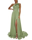 HPPEE Abito da donna monospalla da damigella d onore per matrimonio in pizzo applique chiffon lungo abito formale con spacco, Verde salvia, 54 Più