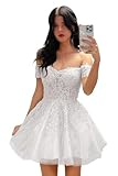 Tulle Corto Homecoming Dresses per Adolescenti Pizzo Applique off Spalla Prom Dress A-Line Mini Abito da Cocktail White 10XL