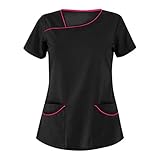 Camicia da donna a casacca divise colletto laterale, manica corta, scollo a V, con tasche, uniforme da lavoro, camicia da lavoro, Nero , L