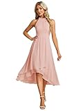 Ever-Pretty Abito Cerimonia Donna Spalle Scoperte Pieghe High Low Senza Maniche Chiffon al Ginocchio Abito da Ospite Orlo Irregolare Comodo Rosa 38