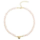 Ouran Collana di perle d acqua dolce con perle autentiche da 6 mm - ciondolo di perle a forma di farfalla, fatto a mano (#3 Placcato oro & Forma di cuore)